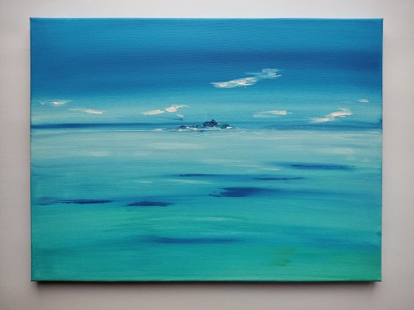 Sapphire seascape with dreamy island painting on canvas - 12x16 in | 30x40 cm