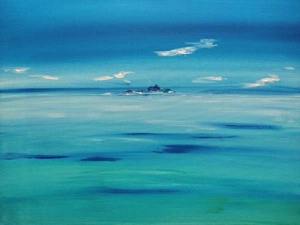 Sapphire seascape with dreamy island painting on canvas - 12x16 in | 30x40 cm